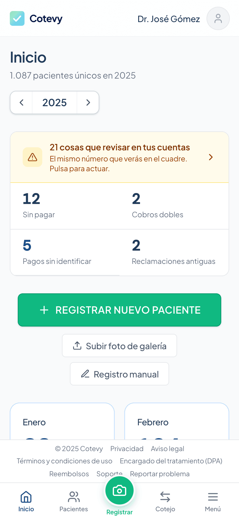 Inicio real de Cotevy en el móvil con el botón de registrar